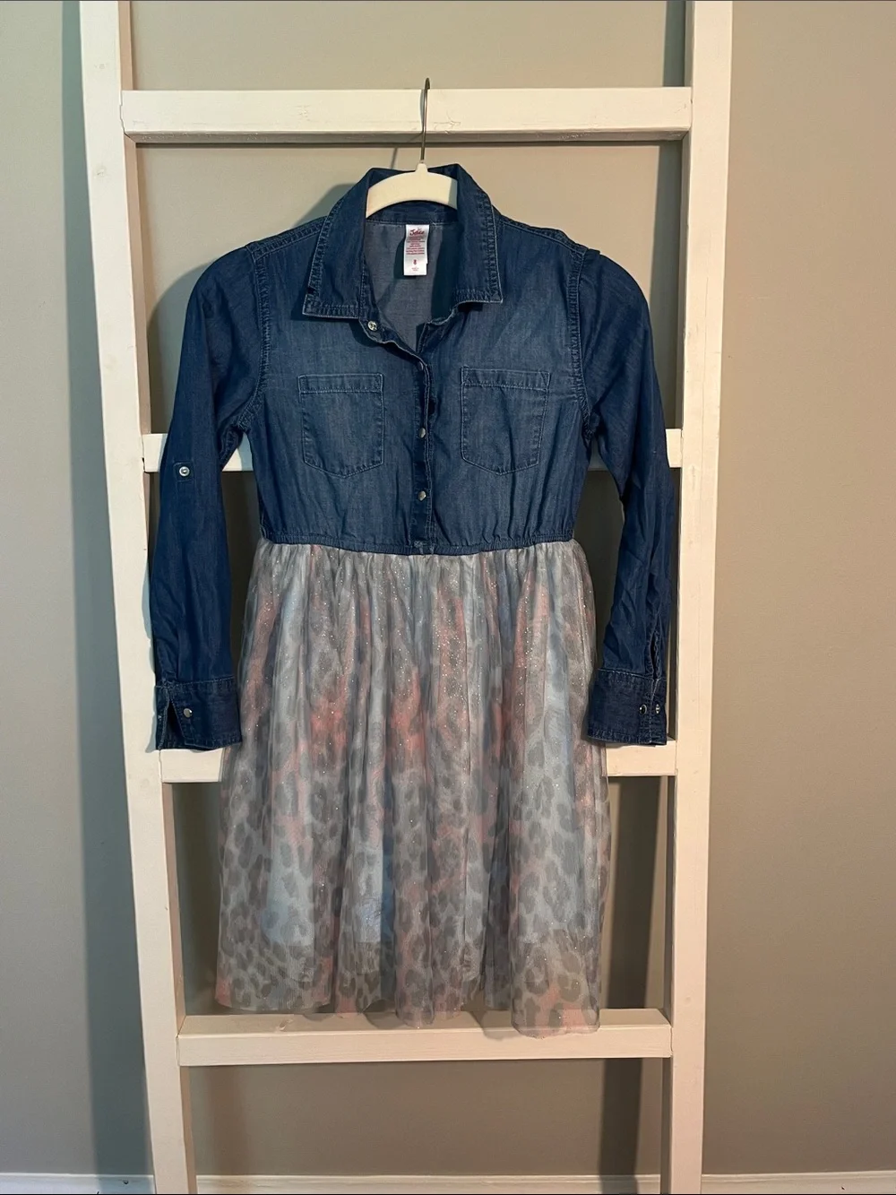Girls' Denim Top with Pink Leopard Tulle Skirt Dress